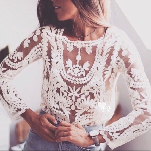Shop Fig Tops - Boutique Bohemian Crochet Lace Long Sleeve Blouse